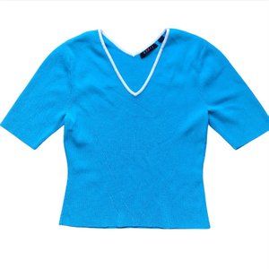Vintage V-neck Bright Blue Blouse Top